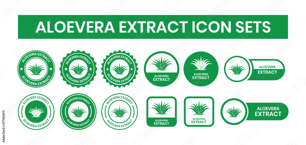 © AFRUJA - Aloe vera extract logo stamps. Advance aloe vera organic product label. cosmetic product, health care herb sticker set. Aloe vera extract logo, label, badge, symbol, banner, circle, black, vector.
