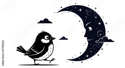Vintage celestial illustration of a cute bird and crescent moon, whimsical night sky with stars and clouds, black and white storybook vector art