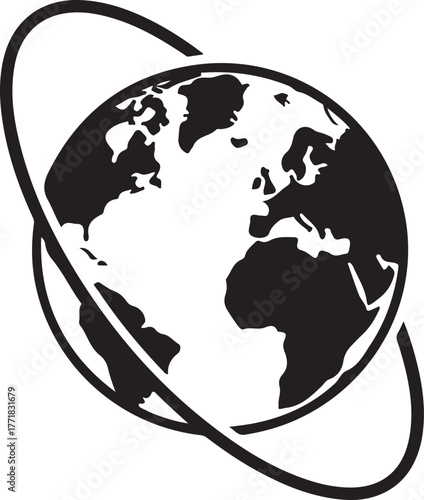 Stylized globe with orbital rings on white background earth world