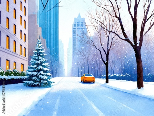 A taxi drives along a winter street in New York City past skyscrapers. Watercolor cityscape, Christmas card.