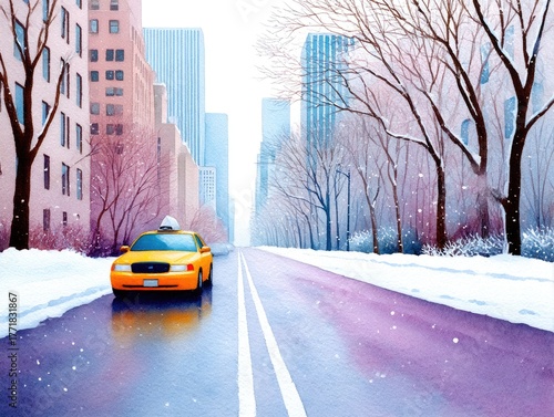 A taxi drives along a winter street in New York City past skyscrapers. Watercolor cityscape, Christmas card.