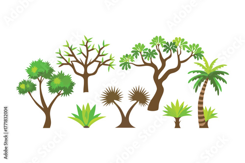 Diverse Foliage Illustration: An illustrative display of various trees and plant species in a vibrant collection, ideal for representing natural elements and eco-themes.