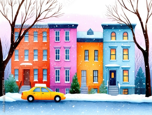 A taxi drives along a winter street in New York City past skyscrapers. Watercolor cityscape, Christmas card.