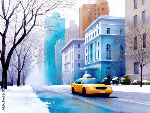 A taxi drives along a winter street in New York City past skyscrapers. Watercolor cityscape, Christmas card.