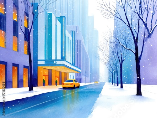 A taxi drives along a winter street in New York City past skyscrapers. Watercolor cityscape, Christmas card.
