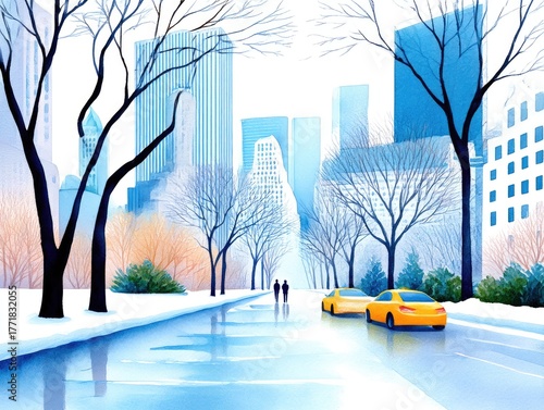 A taxi drives along a winter street in New York City past skyscrapers. Watercolor cityscape, Christmas card.