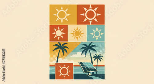 Vibrant illustration depicting a tropical paradise harnessing the power of solar energy, showcasing a sustainable future with various sun motifs illuminating the clean energy concept