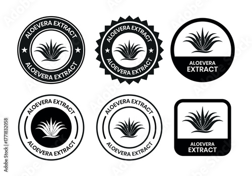 Aloe vera extract logo stamps. Advance aloe vera organic product label. cosmetic product, health care herb sticker set. Aloe vera extract logo, label, badge, symbol, banner, circle, black, vector.
