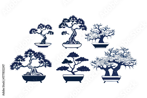 Artistic Bonsai Collection: An artistic composition of meticulously crafted bonsai trees, each one a miniature masterpiece of nature, displayed in elegant ceramic pots.