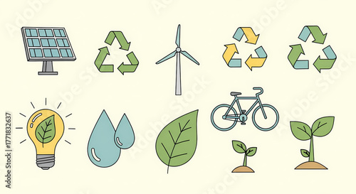 A versatile collection of charming hand-drawn doodle icons representing various ecological and environmental concepts, including renewable energy sources, recycling, sustainable living, and nature