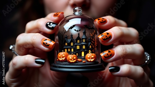 Woman's hands with Halloween pumpkin nail art holding glass dome with spooky haunted house and jack-o-lanterns