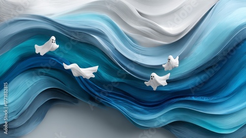 In a vibrant Halloween landscape, whimsical ghosts glide gracefully over dynamic waves of blue and white. The scene evokes a festive mood with a touch of fantasy and mystery, perfect for the season