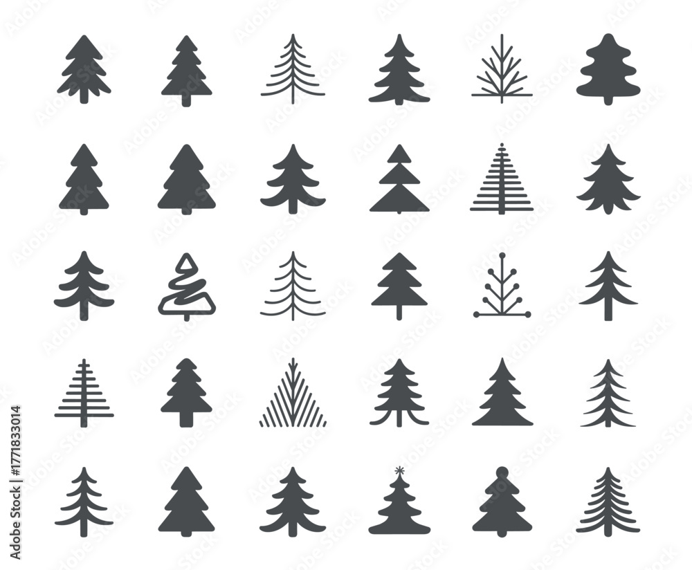 Obraz premium Stylized pine tree icons set in minimalist vector design, perfect for nature, forest, winter, holiday, and graphic design themes.