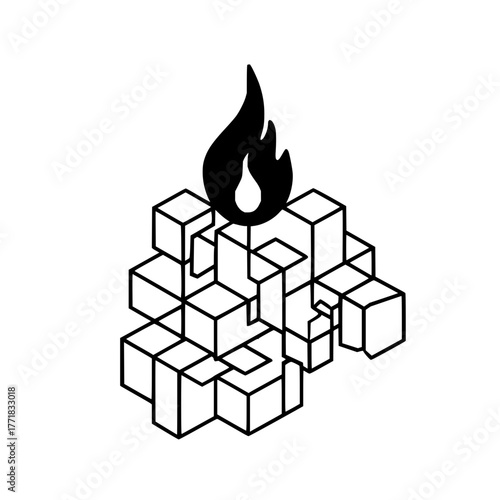 Black flame atop a geometric cube structure composed of outlined cubes in a simple black and white design