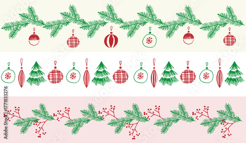 Set of hand drawn Christmas borders with fir branches, ornaments, berries, and Christmas trees. Perfect for holiday cards, invitations, and festive designs.