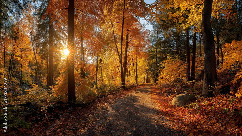 Fototapeta premium Sunlit path in a park before sunset