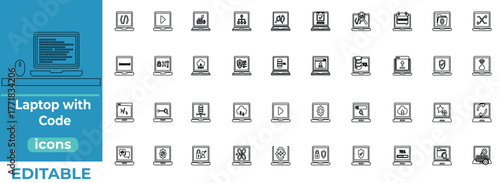 Laptop with Code line art icons set