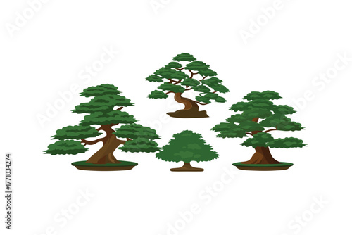 Bonsai Serenity: Five meticulously crafted bonsai trees of varying shapes and sizes, embodying tranquility and the art of nature.