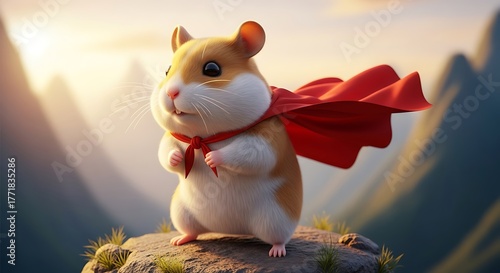 An adorable super hamster wearing a flowing red cape stands heroically on a mountain top at sunrise.
