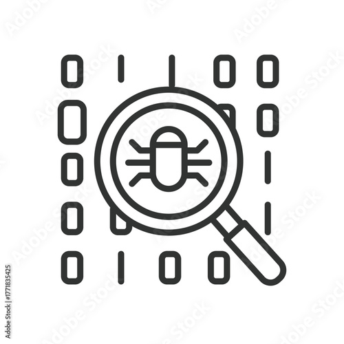 Bug search icon in line design. bug, search, magnifier, virus, malware, hacker, scan on white background vector. Bug search editable stroke icon