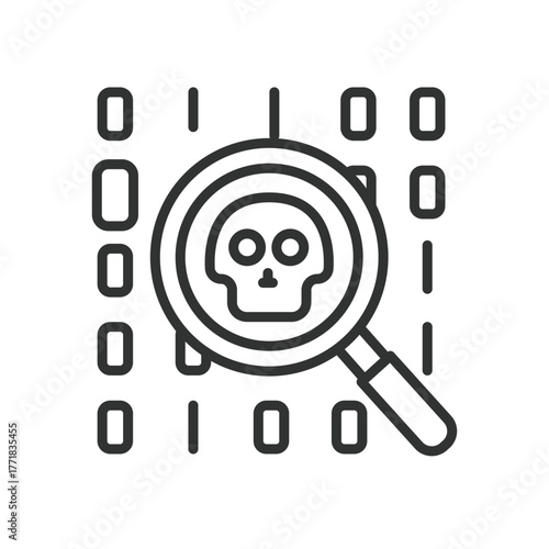 Threat search icon in line design. threat, search, magnifier, skull, danger, virus, malware on white background vector. Threat search editable stroke icon