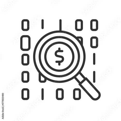 Finance search icon in line design. finance, search, magnifier, dollar, money, economy, analysis on white background vector. Finance search editable stroke icon