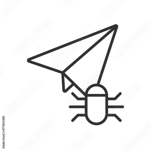 Bug paper plane icon in line design. bug, paper, plane, malware, attack, virus, software, hacker on white background vector. Bug paper plane editable stroke icon
