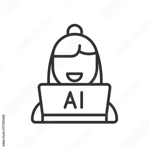 AI woman laptop icon in line design. ai, woman, laptop, artificial, intelligence, computer, technology on white background vector. AI woman laptop editable stroke icon