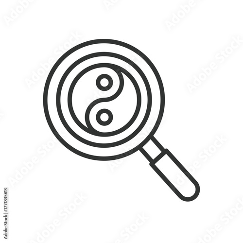 Yin yang search icon in line design. yin, yang, search, magnifier, symbol, philosophy, harmony on white background vector. Yin yang search editable stroke icon