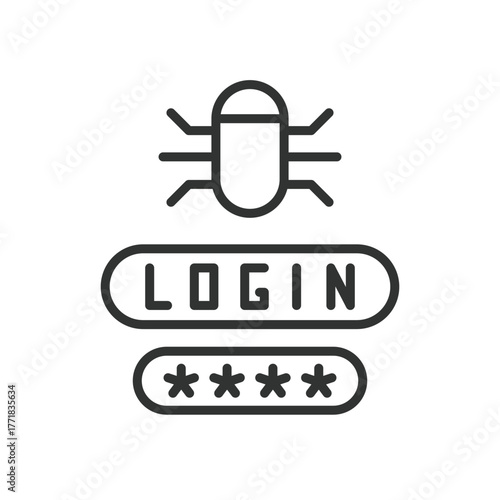 Login bug icon in line design. login, bug, password, malware, hacker, fraud, attack on white background vector. Login bug editable stroke icon