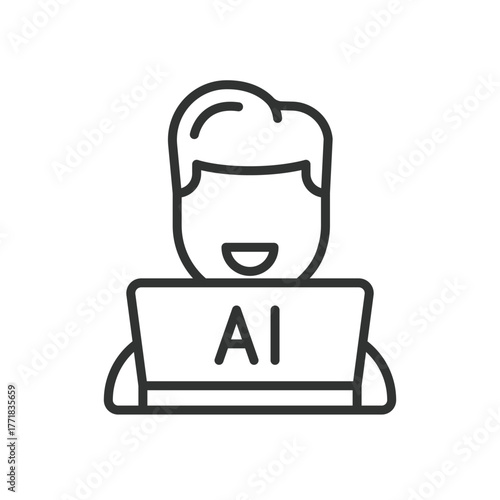 AI man laptop icon in line design. ai, man, laptop, artificial, intelligence, computer, technology on white background vector. AI man laptop editable stroke icon