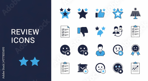 Comprehensive collection of diverse user feedback and customer satisfaction icons, featuring star ratings, survey forms, thumbs up, and emotional emojis for modern review systems
