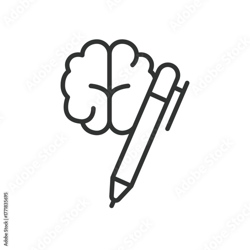AI brain writing icon in line design. ai, brain, writing, creativity, artificial, intelligence, pen on white background vector. AI brain writing editable stroke icon