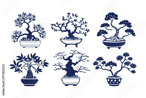 Artistic Bonsai Collection: An elegant arrangement of bonsai trees in serene monochrome tones, showcasing a collection of these meticulously cultivated miniature trees.