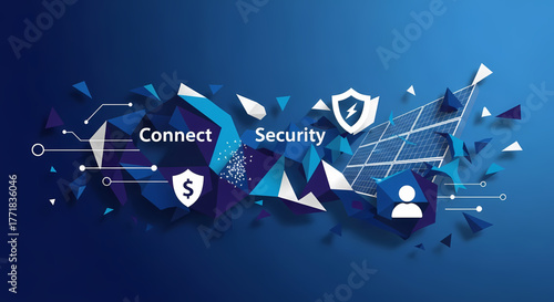 Modern abstract illustration showcasing interconnected digital security, robust data protection, and advanced technological solutions with geometric shapes and symbolic icons