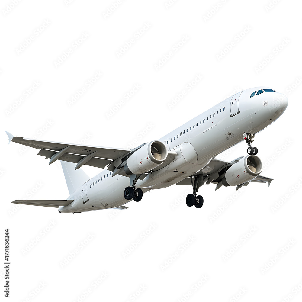 Obraz premium A modern white passenger jet airplane ascending into the sky isolated on transparent background