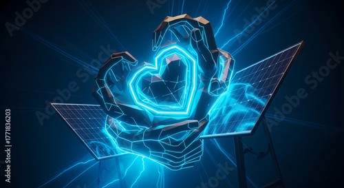 Glowing wireframe hands hold a radiant blue heart, embodying the fusion of technology, clean energy, and human connection for a sustainable, brighter future