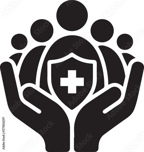 Hands Protecting Group of People and Medical Shield Icon
