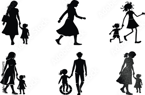 Mother, child, silhouette, walking, parenting, bonding, flower, hula hoop, love, care, family, black, vector, illustration, woman, girl, nurturing, lifestyle, companionship, activity