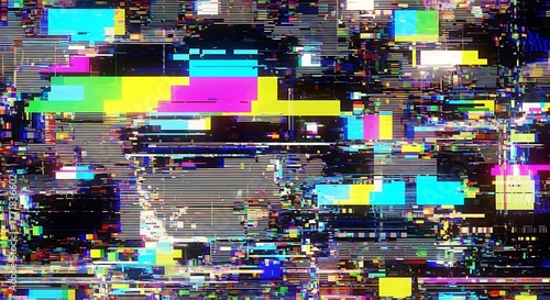 Abstract digital glitch art background with colorful pixelated distortion and static noise effect, resembling a corrupted data stream.