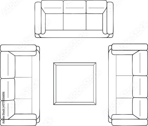 Living room furniture layout CAD illustration, flat vector drawing, three sofas, coffee table, seating arrangement, interior design plan, technical space planning