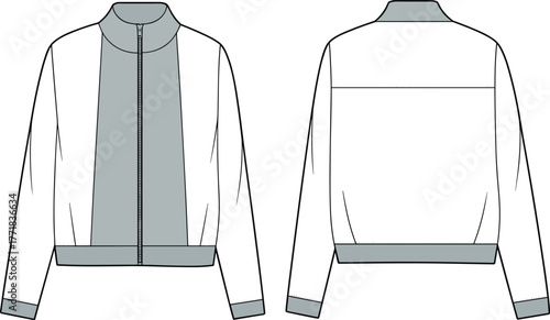 Jacket flat sketch, fashion CAD drawing, technical garment illustration, vector apparel design, color block jacket, front and back view