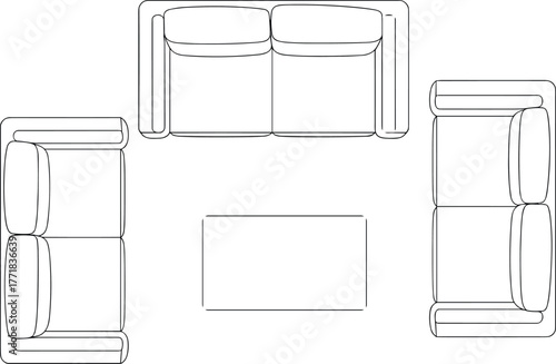 Living room furniture layout CAD illustration, flat vector drawing, U-shape sofa arrangement, rectangular coffee table, interior design plan, technical space planning