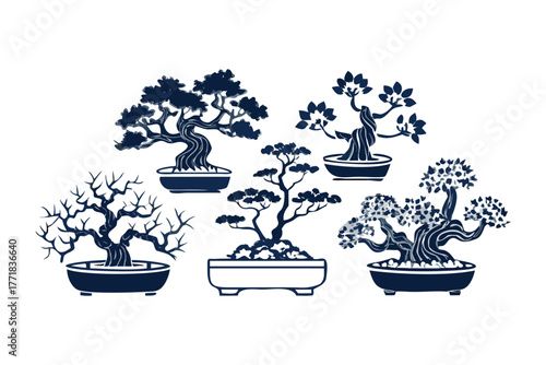Artistic Bonsai Collection: An artistic representation of five exquisite bonsai trees, each showcasing unique forms and meticulously crafted shapes, set against a clean backdrop. 