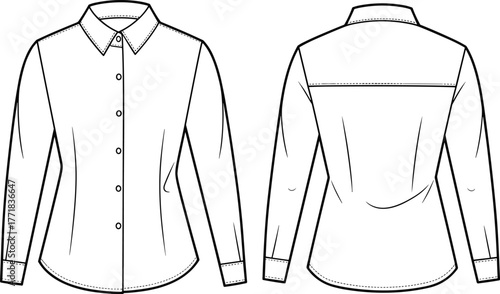 Shirt flat sketch, fashion CAD drawing, technical garment illustration, vector clothing design, button up shirt template, front and back view