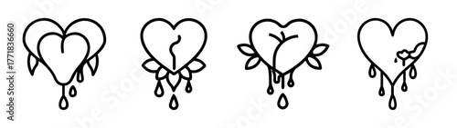 Collection of four hand drawn bleeding heart tattoo designs with droplets and leaves