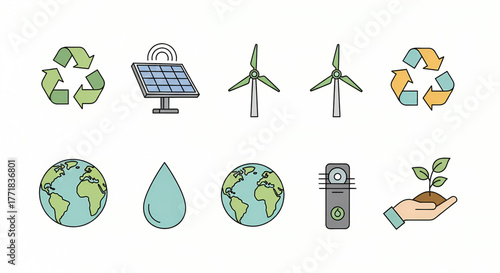 Comprehensive collection of modern line icons illustrating environmental sustainability, renewable energy, and ecological preservation concepts for a greener future