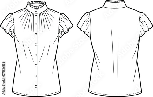 Women’s blouse fashion CAD illustration, flat vector drawing, ruffle collar, puff sleeve, pleated front, technical garment sketch, apparel design template