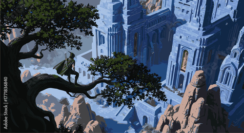 A solitary figure gazes upon a majestic, fantastical city built with incredible architecture and grandeur