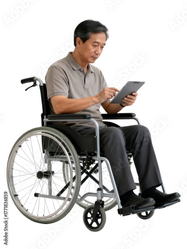 Senior Asian Man in Wheelchair Using Tablet - Accessibility & Technology
